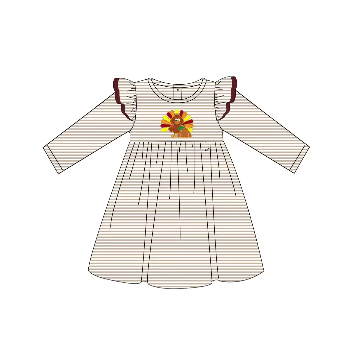 Custom moq 3 eta 6-8weeks Embroidered turkey pumpkin flying sleeve shoulder design - brown striped long sleeve dress