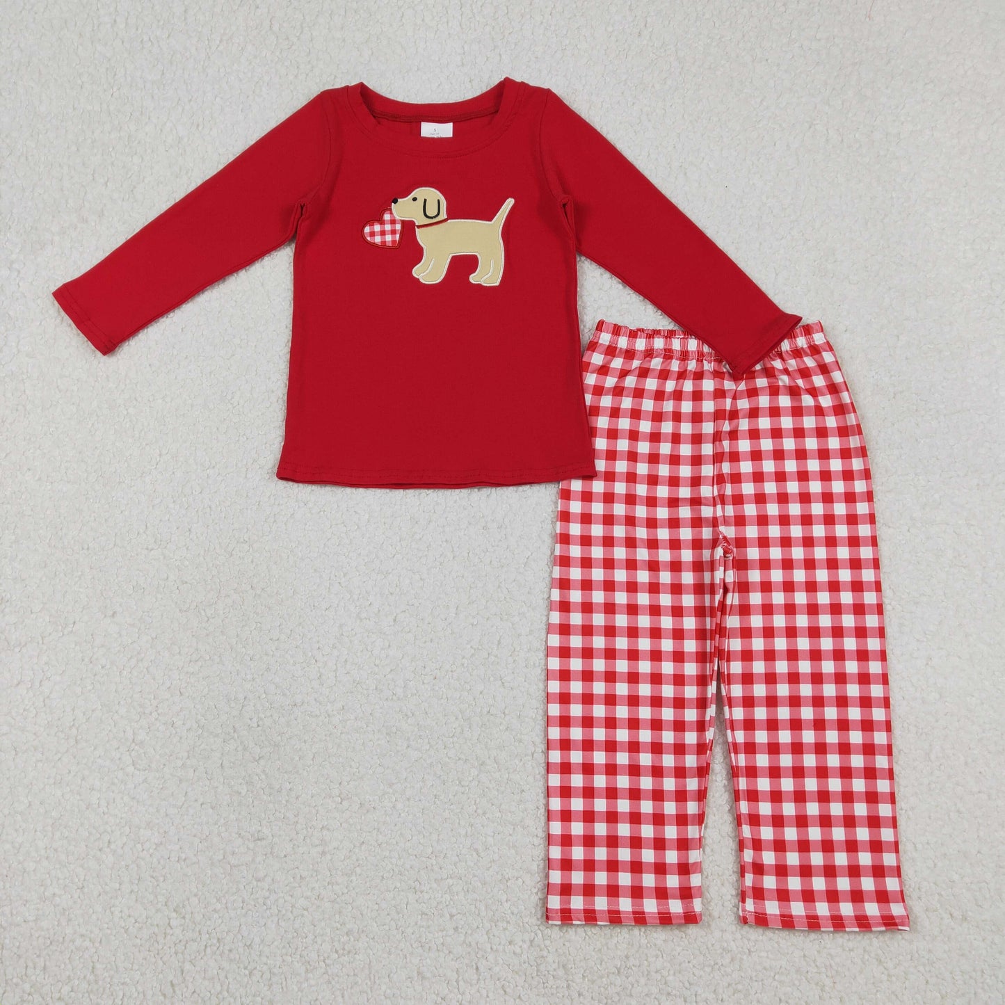 RTS NO MOQ(In Stock) BLP1397 Embroidered heart-shaped puppy red long-sleeved plaid trouser suit