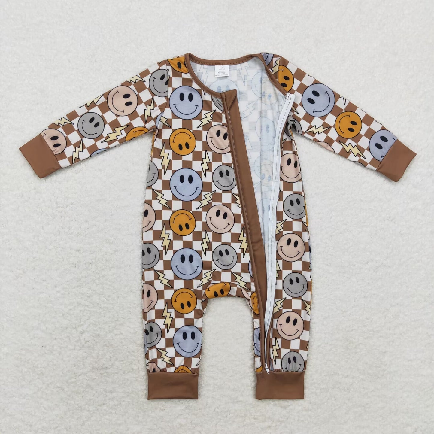 RTS NO MOQ(In Stock) LR0961 Modal smiley face lightning brown plaid zipper long-sleeved jumpsuit