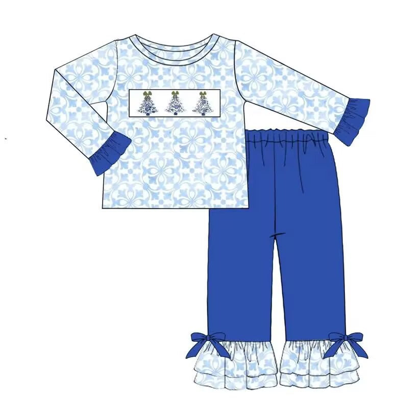 Custom moq 5 each style eta 6-7weeks baby girl clothes Christmas bow blue long sleeve pants sets-25.9.4