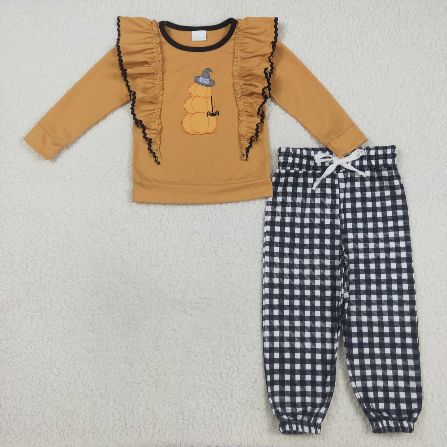 RTS NO MOQ(In Stock) GLP2445 Embroidery Witch Hat Spider Pumpkin Orange Lace Long Sleeve Black Plaid Trousers Set
