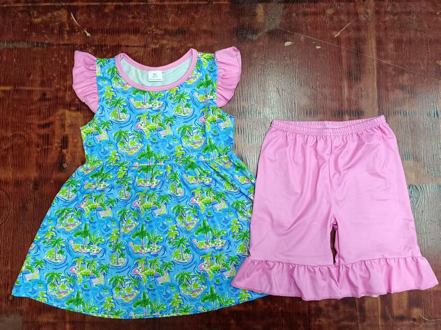 Custom moq 3 eta 6-7weeks baby girls clothes floral pattern blue flying sleeve shorts sets