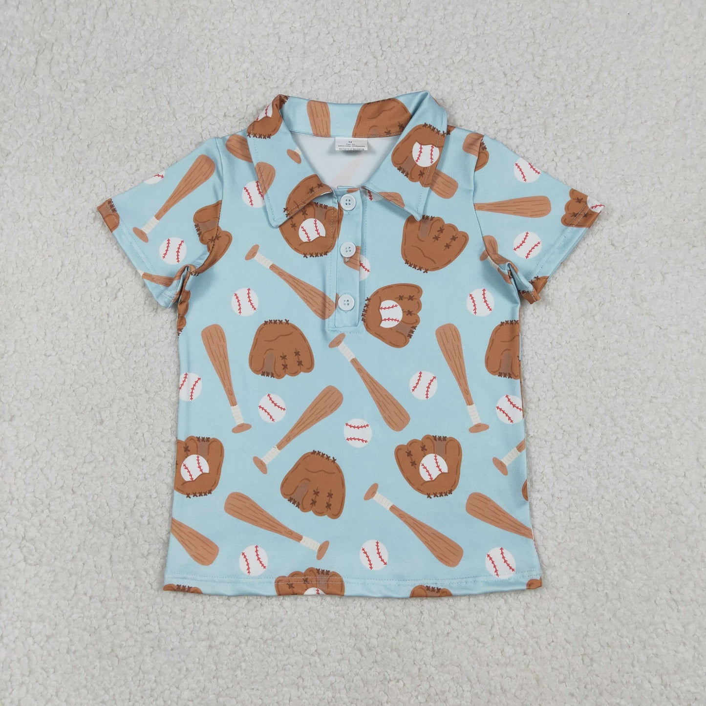 RTS NO MOQ(In Stock) Blue-green button-down short-sleeved top with baseball glove design
