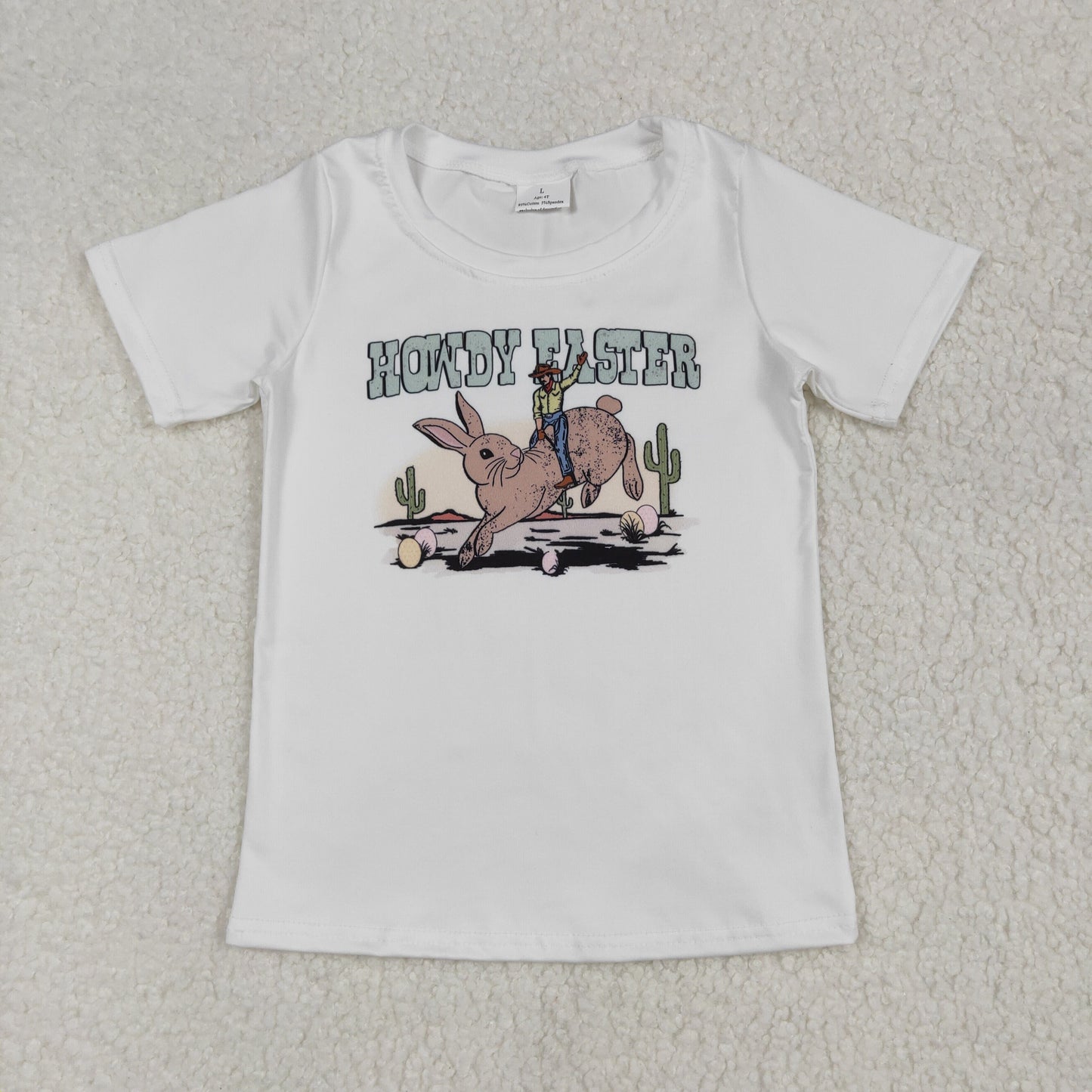 RTS NO MOQ(In Stock) BT0559 Howdy easter bunny egg white short-sleeved top
