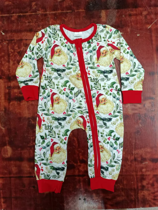 Custom moq 3 eta 6-7weeks Bearded Santa Claus - Leaf Pattern Red Long Zipper Romper