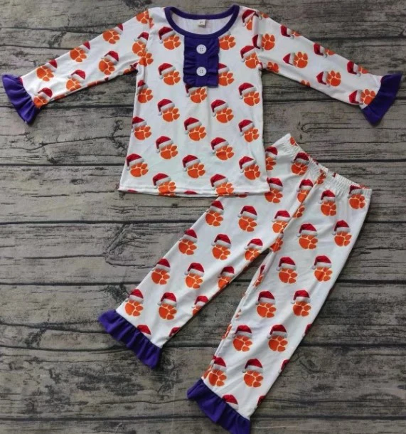 Deadline October 31 custom no moq eta 6-8weeks Christmas Animal Footprints Purple Button Pullover Trumpet Sleeve Long Sleeve Suit