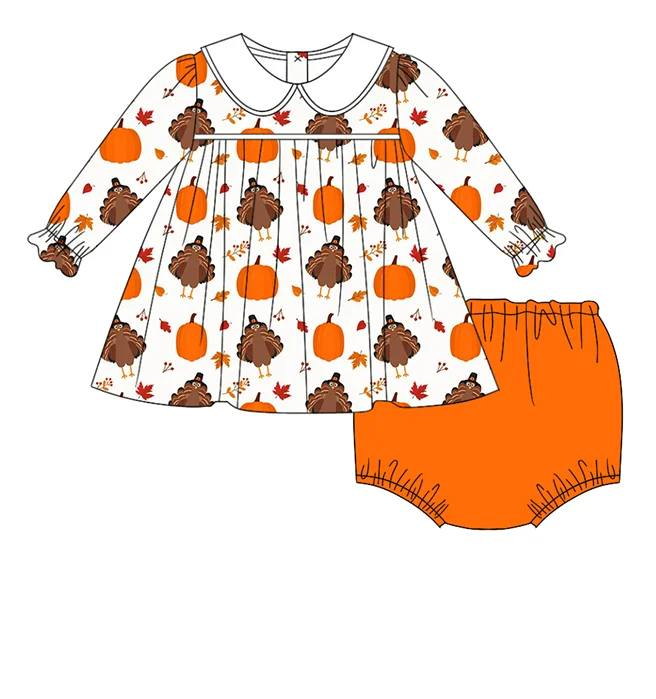Custom moq 5 each style eta 6-7weeks baby girl clothes turkey pumpkin orange long sleeve pants sets and briefs sets and dress-25.8.2
