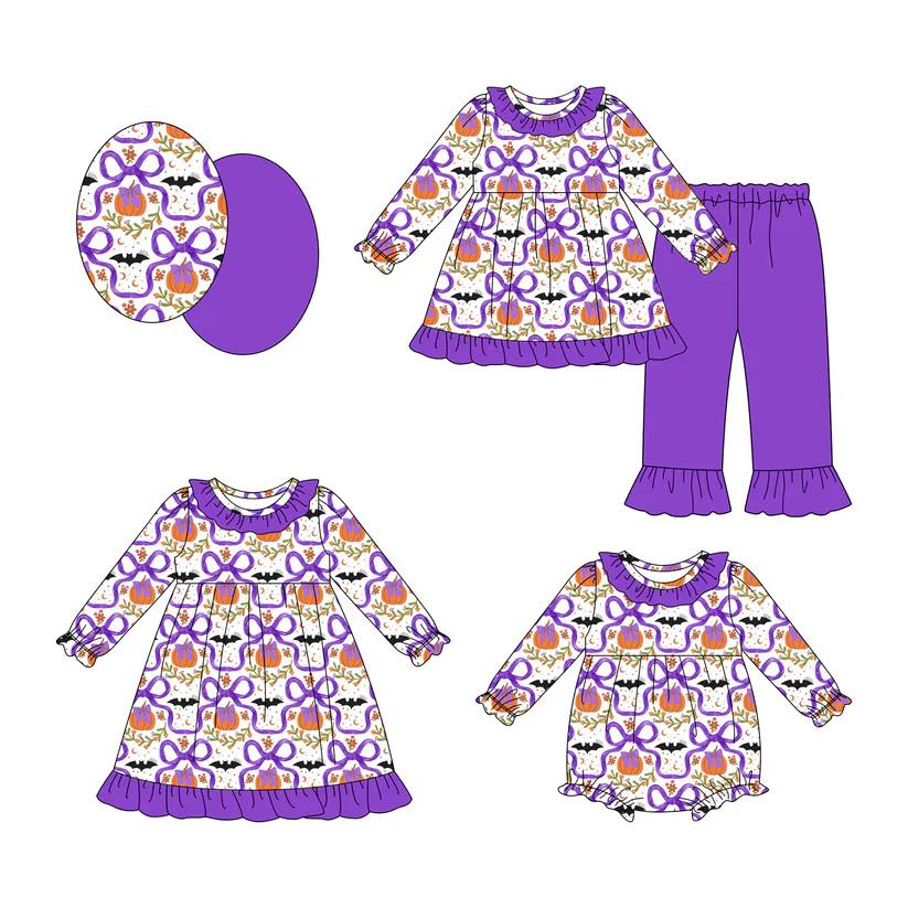 Custom moq 5 each style eta 6-7weeks baby girl clothes pumpkin bow long sleeve pants sets and romper and dress -25.8.9