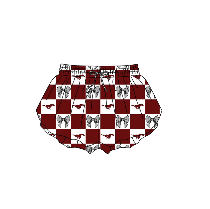 Custom moq 3 or 5 mix size milk silk summer teams baby girl clothes bow dark red summer shorts