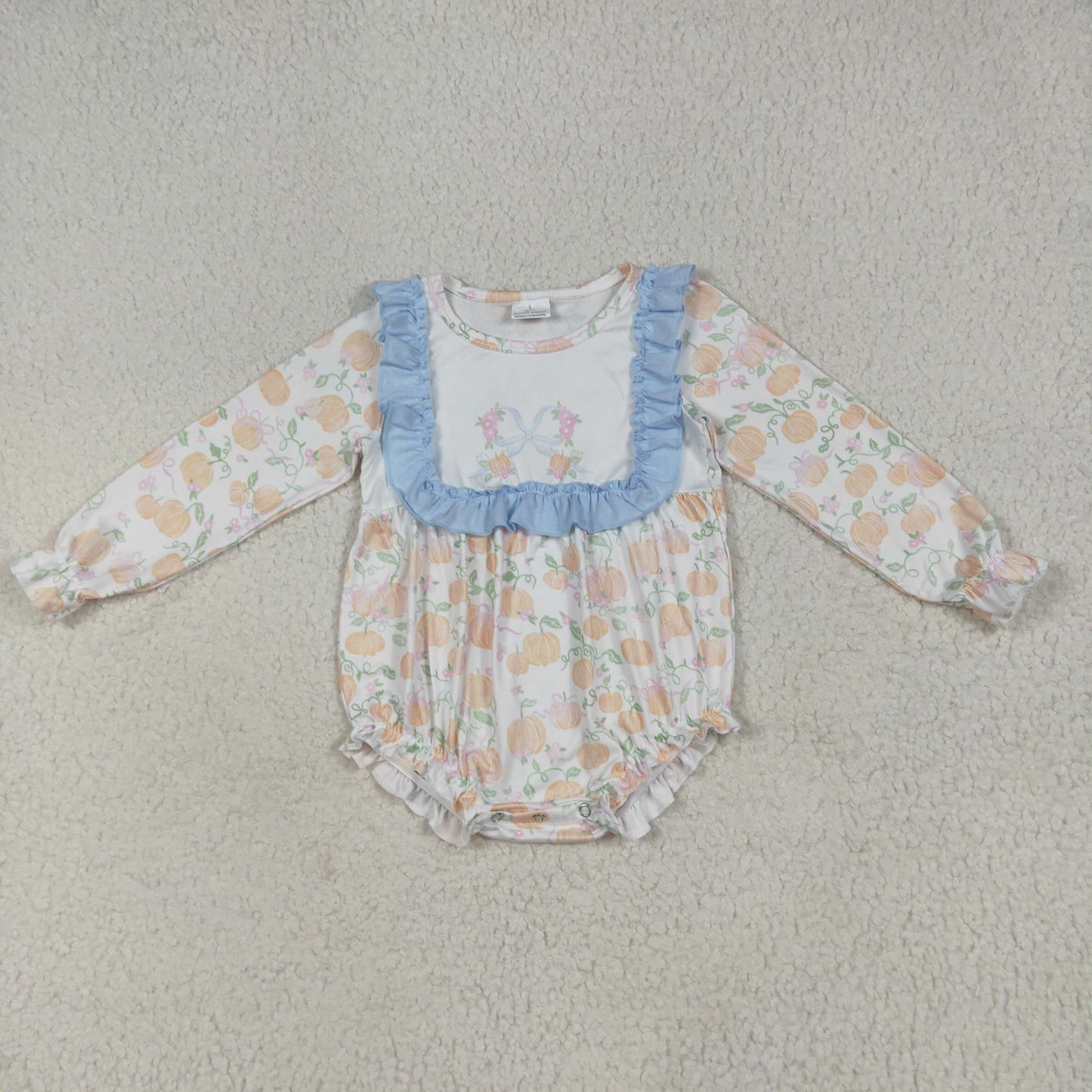 RTS NO MOQ(In Stock ) LR2256 Pumpkin leaf blue bow pattern lace white long-sleeved jumpsuit