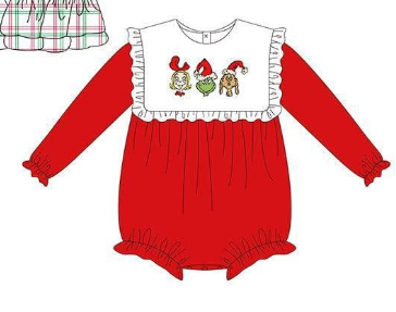 Deadline November 4 custom no moq eta 6-8weeks Christmas Girls-Green Turtle-Puppy Pattern White Ruffle Square Neck Red Long Sleeve Short Bodysuit