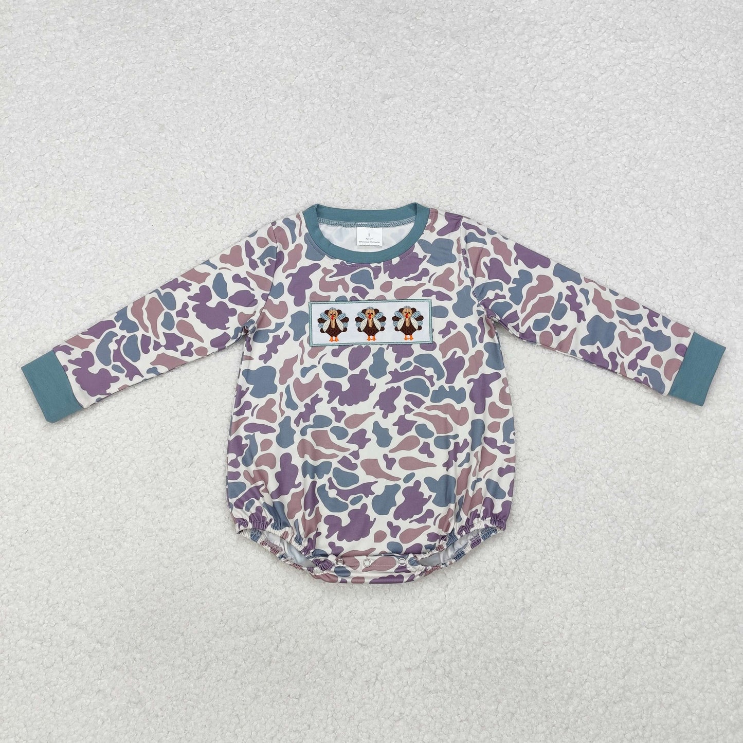 RTS NO MOQ(In Stock) LR1847 Embroidered Turkey Camouflage Beige Green Long Sleeve Bodysuit