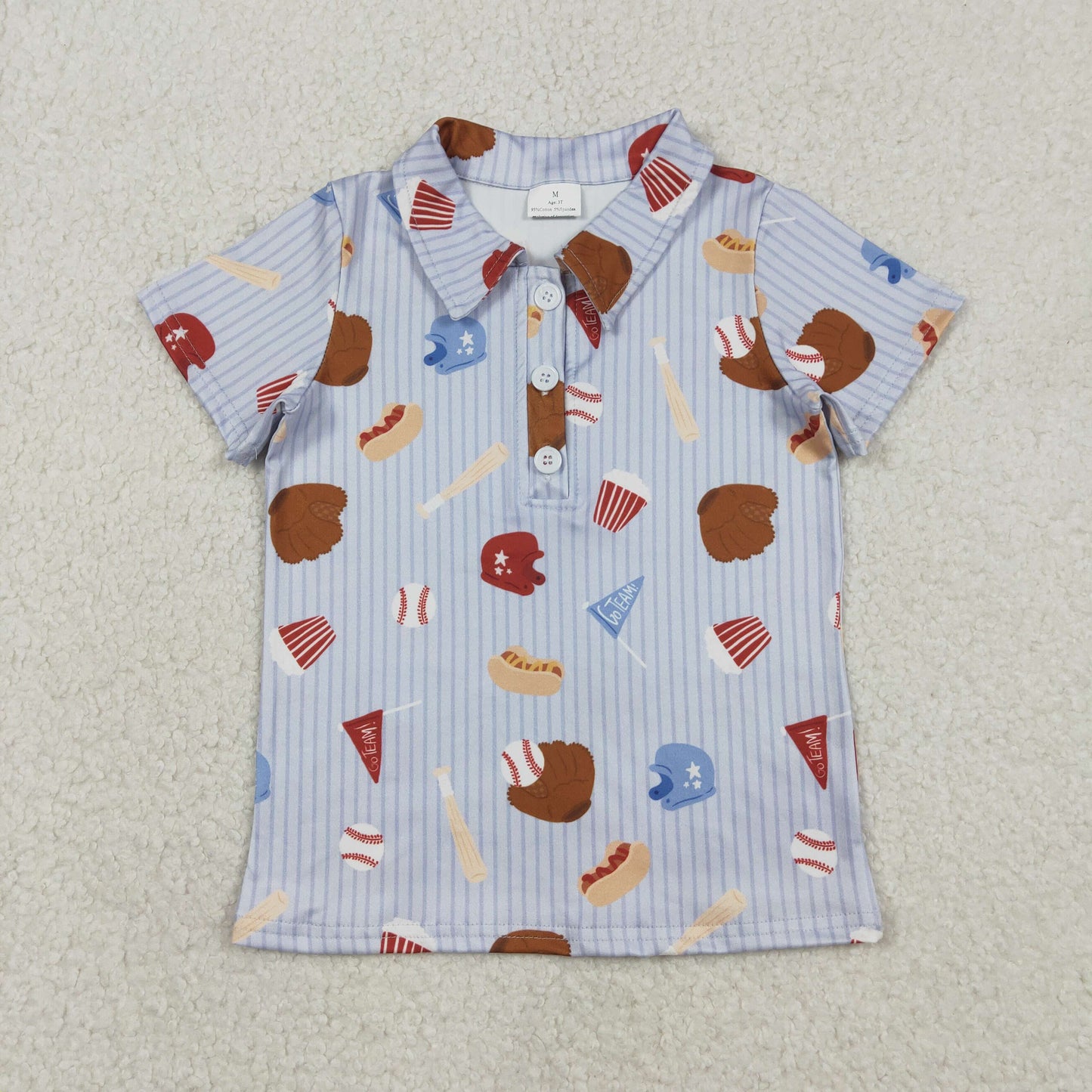 RTS NO MOQ(In Stock) Baseball Glove Striped Blue Button-Up Collar Short-Sleeve Top