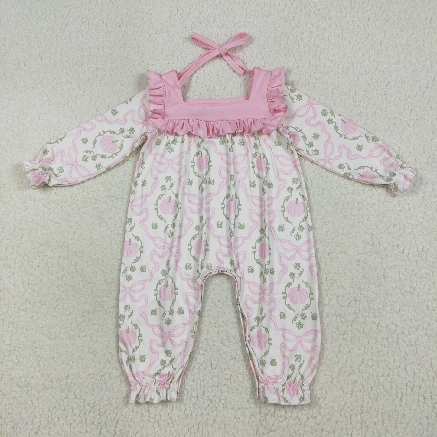 RTS NO MOQ(In Stock ) LR2255 Pumpkin leaf pink bow pattern lace lace long-sleeved jumpsuit
