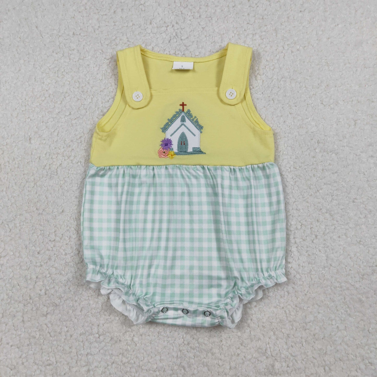 RTS NO MOQ(In Stock ) SR3704 Embroidered Cross Flower Green Plaid Yellow Vest Jumpsuit