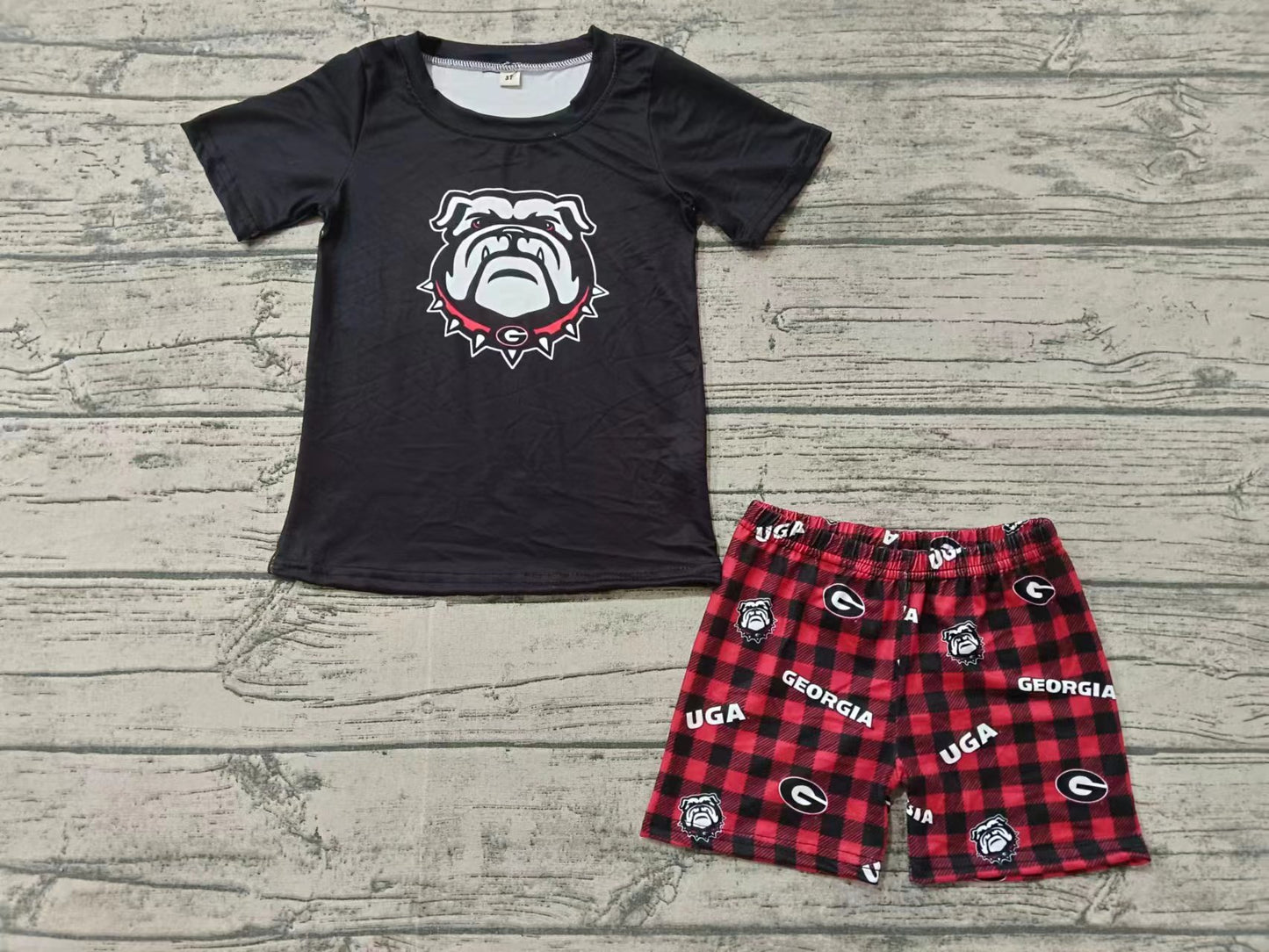 Custom moq 3 eta 6-7weeks Black Houndstooth Short Sleeve top & Red and Black Plaid Shorts Set