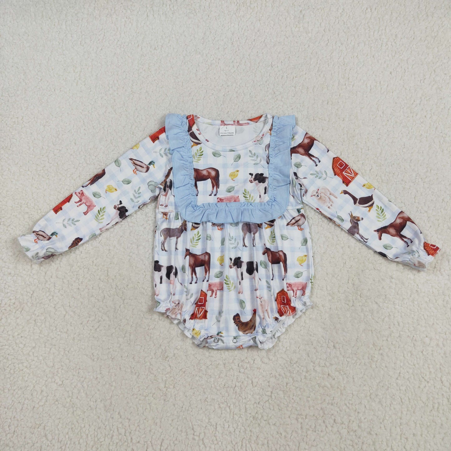 RTS NO MOQ(In Stock) Farm Animal Red House Blue Lace Plaid Long-Sleeved Bodysuit