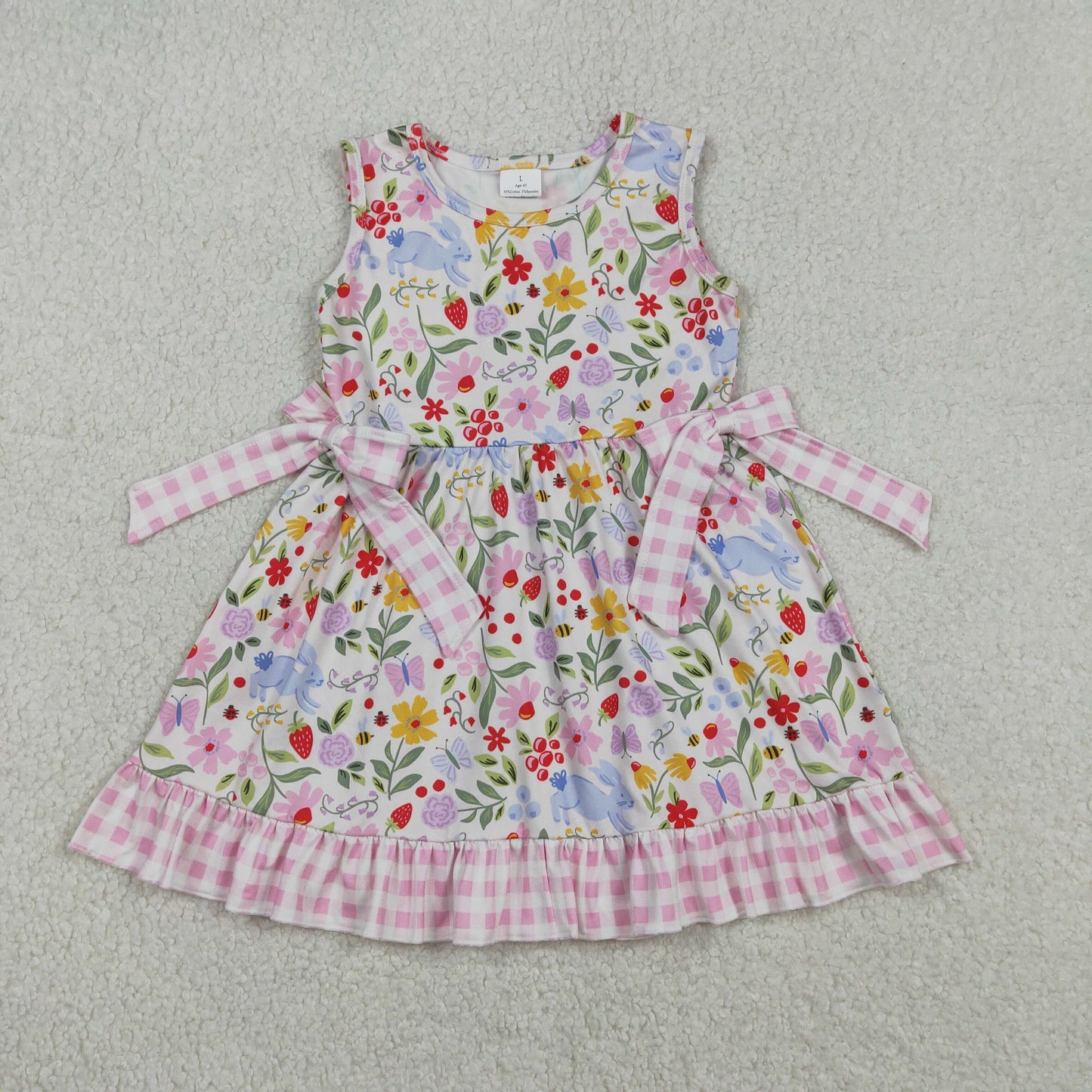RTS NO MOQ(In Stock ) GSD3405 Pink Plaid Sleeveless Dress with Rabbit, Flower, and Strawberry Pattern and Bow Pattern