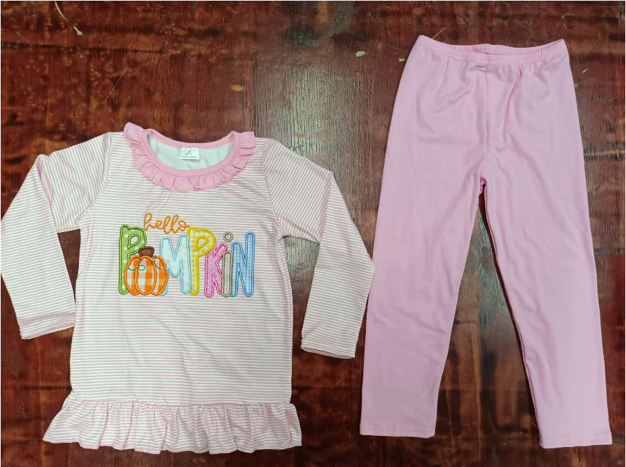 Custom moq 3 eta 6-7weeks Embroidered Pumpkin Words Pink Striped Lace Neck Long Sleeve Suit