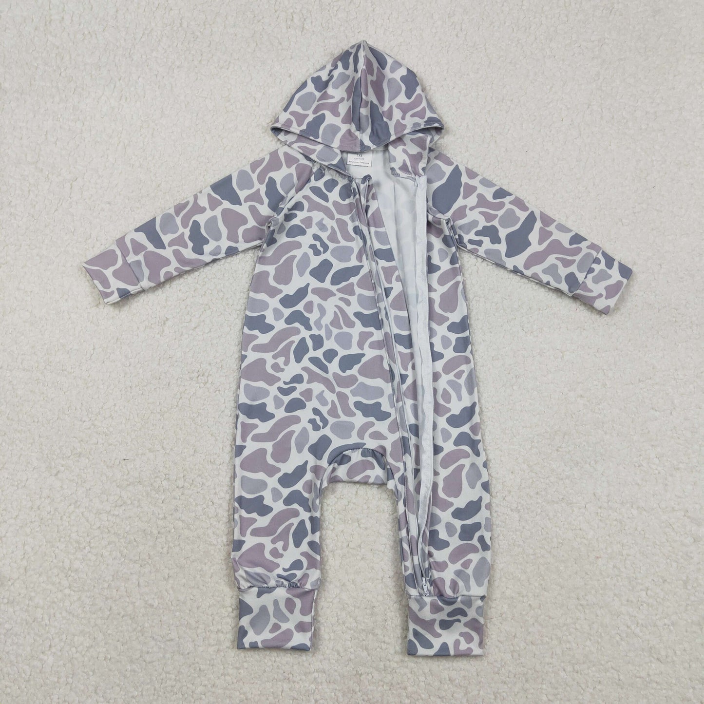 RTS NO MOQ(In Stock ) Gray-Blue Camouflage Hooded Zipper Long-Sleeve Bodysuit
