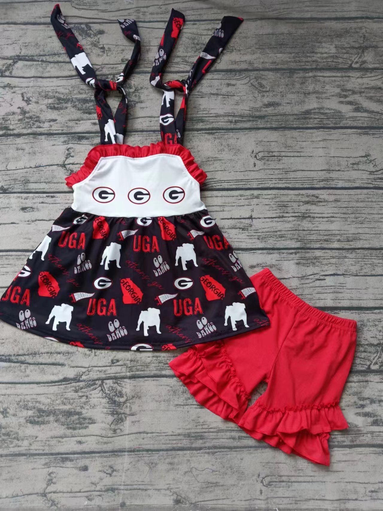 custom moq 5 eta 5weeks summer team G baby girls clothes black suspender red shorts set