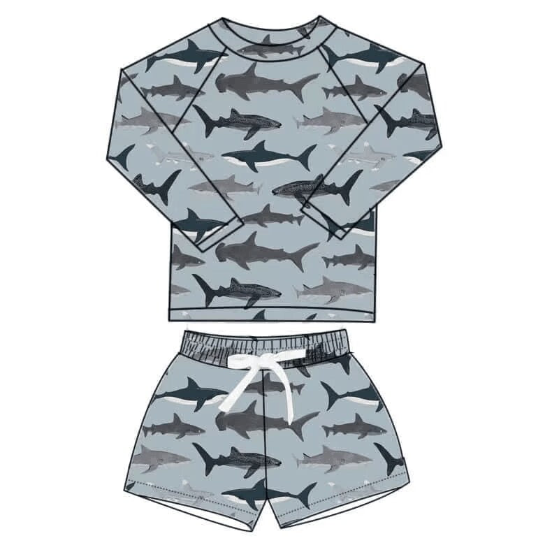 custom moq 5 eta 4-5weeks boys green fish long sleeve swim sets