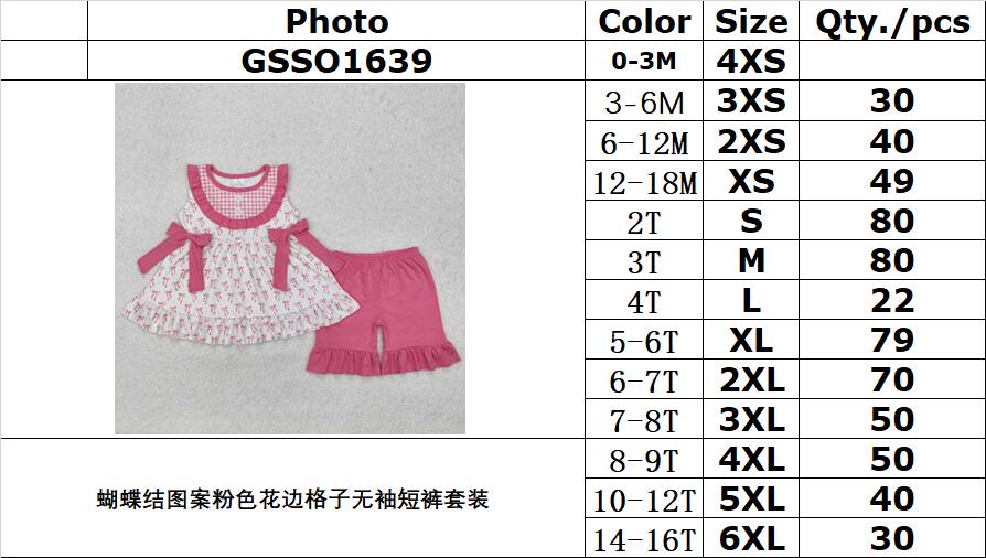 RTS NO MOQ ETA 5/7days Arrived GSSO1639 Bow pattern pink lace plaid sleeveless shorts set