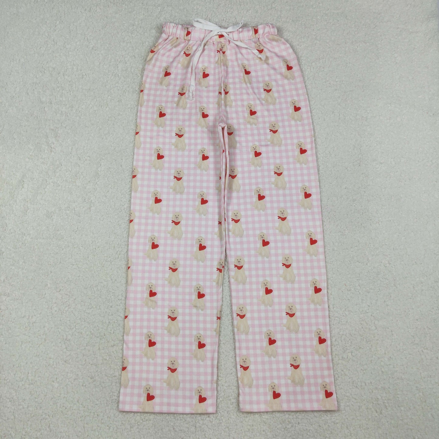 RTS NO MOQ(In Stock) P0849 Adult women's pink plaid lace-up trousers with heart puppy pattern