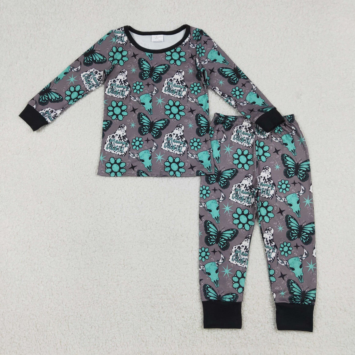 RTS NO MOQ(In Stock) Mama's Cowgirl Gemstone Butterfly Alpine Bull Head Gray Long-Sleeve Long Pants Pajama Set
