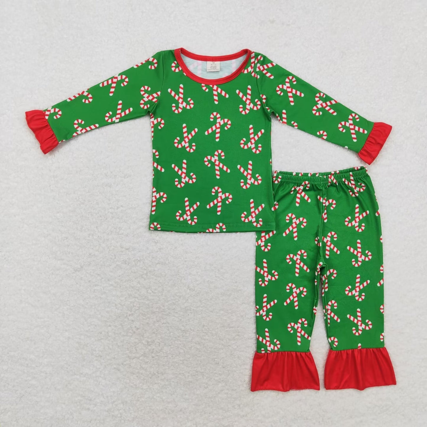 RTS NO MOQ(In Stock) GLP1387 Modal Santa Claus Cane Red Lace Green Long Sleeve Pants Pajama Set