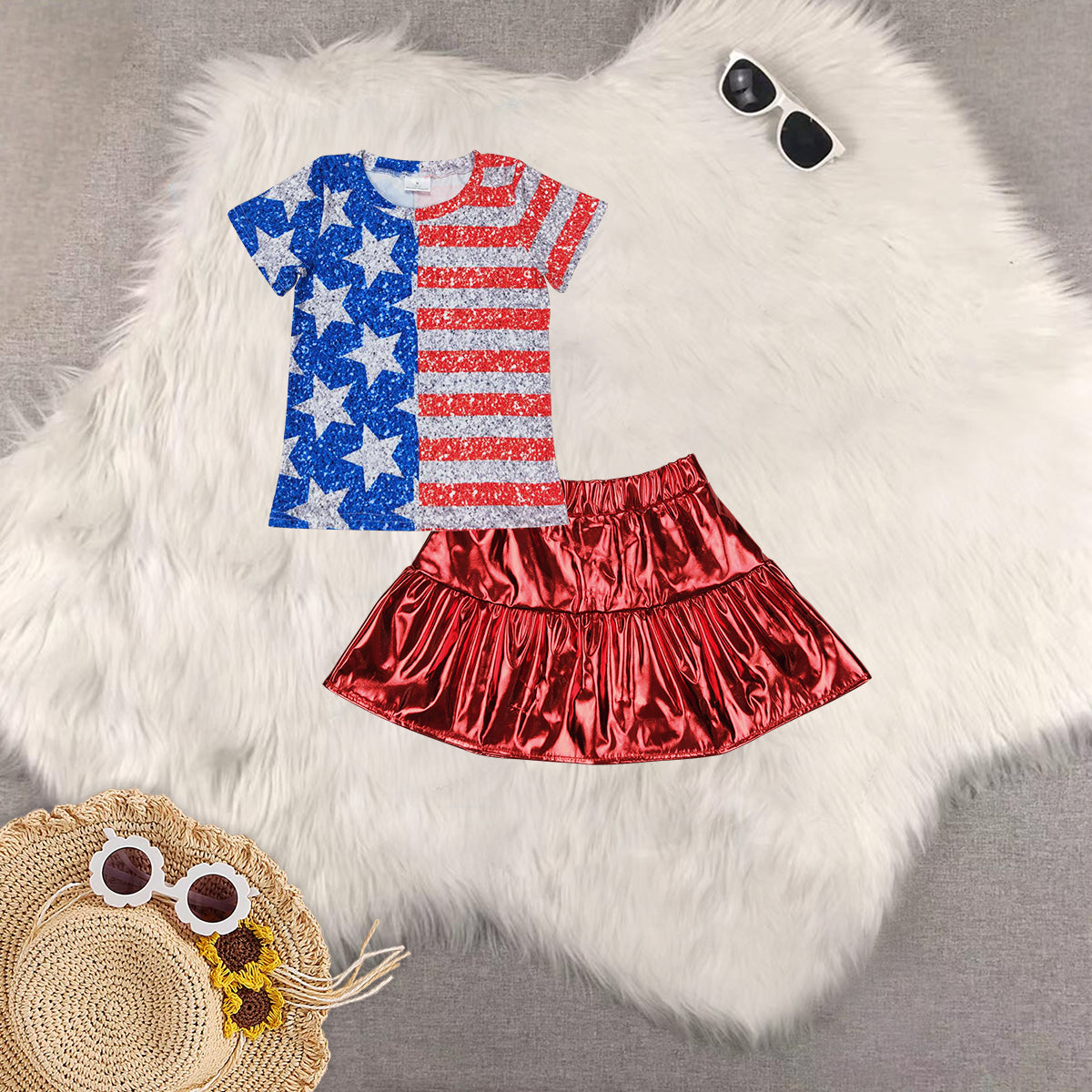 RTS baby girls clothes 4th of july short Sleeve skirts dress sets