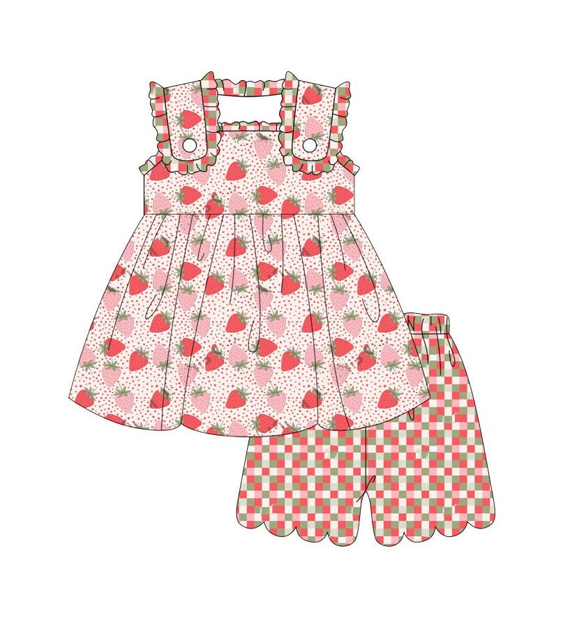 GSSO0499 Strawberry Sleeveless Top Red and Green Plaid Shorts Set
