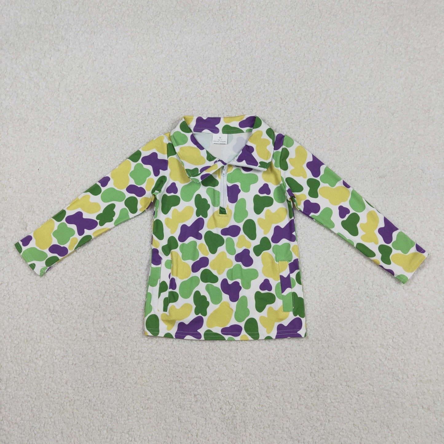 RTS NO MOQ(In Stock) Mardi Gras Green Yellow Purple Camouflage Zipper Long-Sleeved Top
