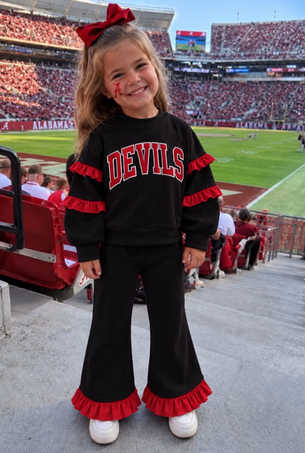 custom moq 5 mix size LIBBYBS0108 Adult To Match Kids Black Red Ruffle Top And Ruffle Bell Bottom Pants Set