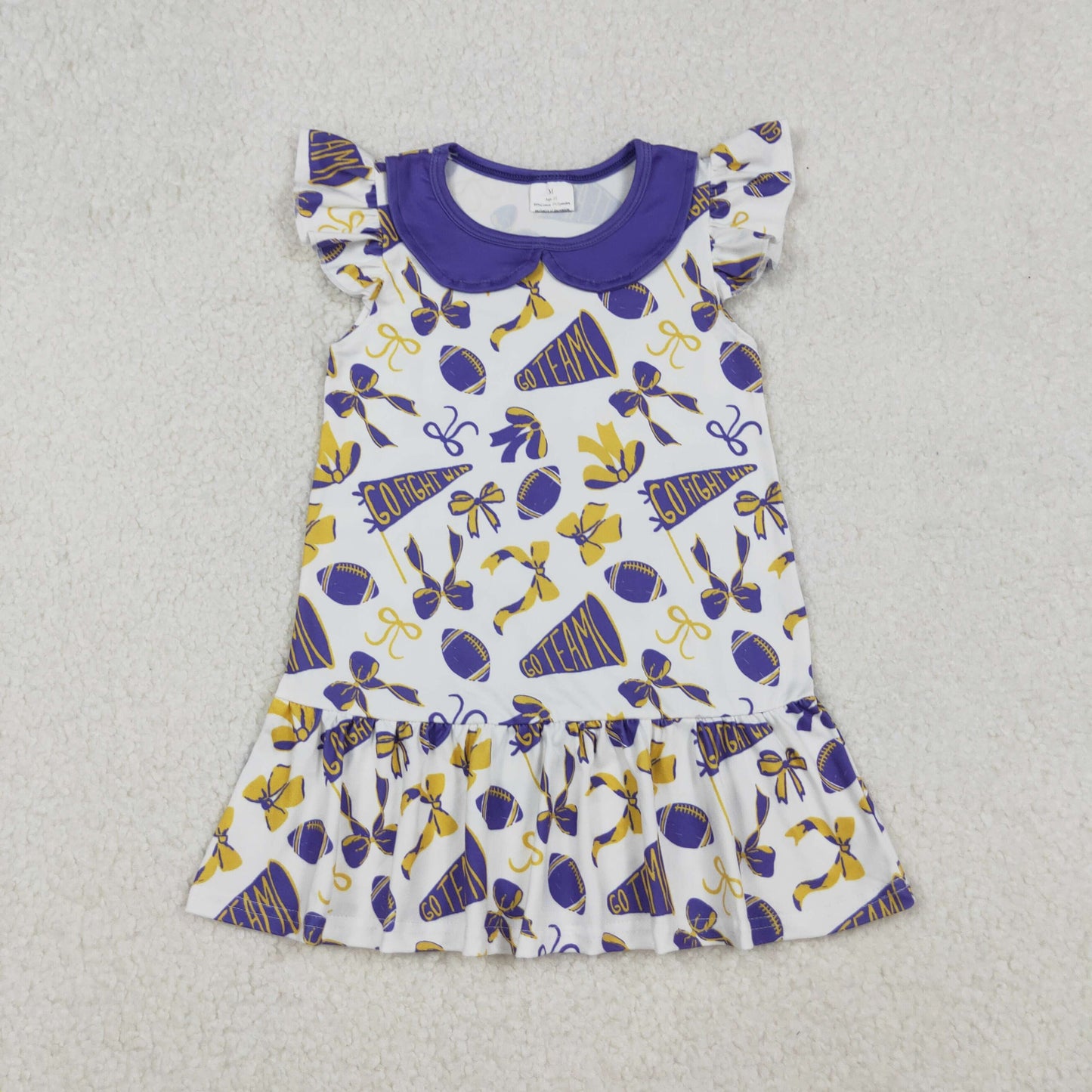 RTS NO MOQ(In Stock) GSD2784 Purple baby doll collar dress with football flared bow pattern and flying sleeves