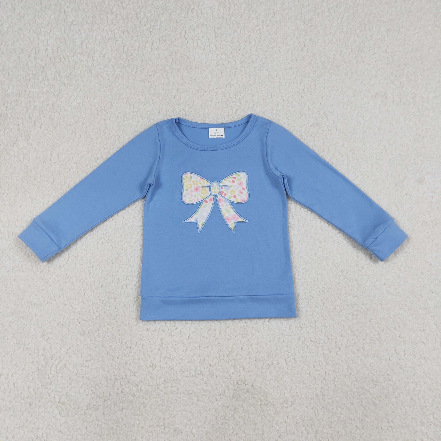 RTS NO MOQ(In Stock) GT1538 Embroidered floral print and bow pattern blue long-sleeved top