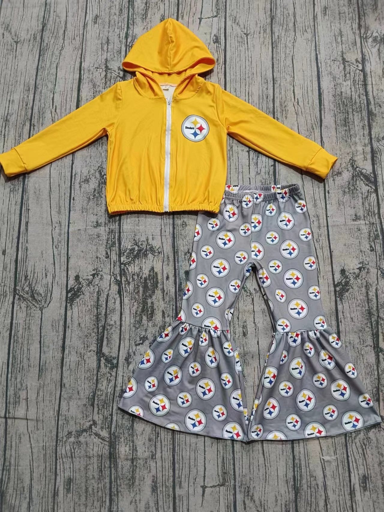 Custom moq 3 eta 6-7weeks baby girl clothes team yellow hooded long-sleeved top and pants set-25.8.26