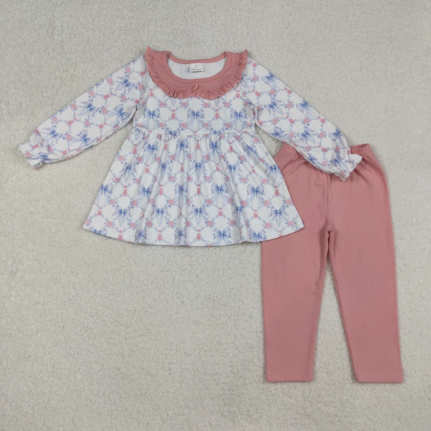 RTS NO MOQ(In Stock) GLP2774 Blue bow pattern floral plaid pink lace long-sleeved baby collar pant set