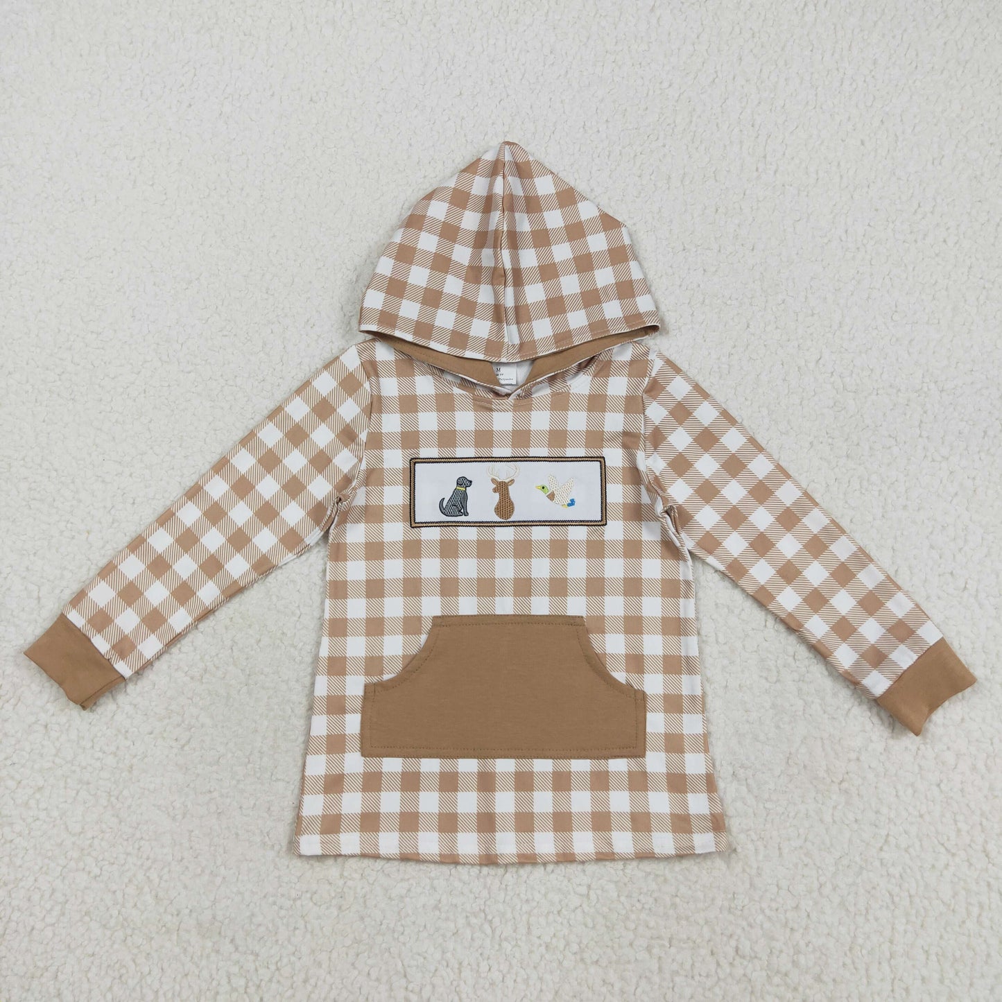 RTS NO MOQ(In Stock) BT1285 Embroidered Puppy, Elk, and Duck Brown Plaid Pocket Polka Dot Hooded Long-Sleeved Top