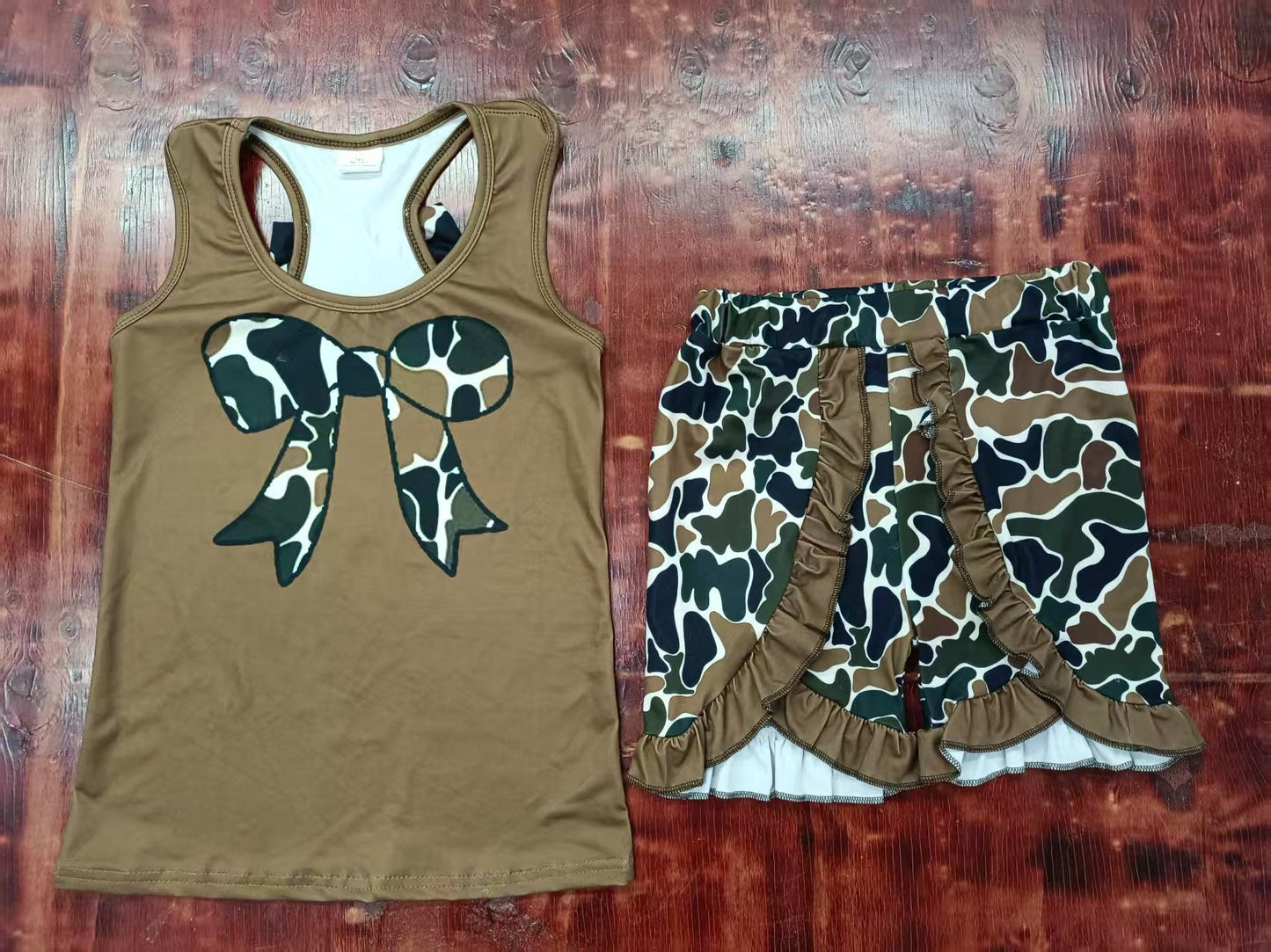 Custom moq 3 eta 6-7weeks baby girls clothes camouflage bow sleeveless shorts sets-25.5.8