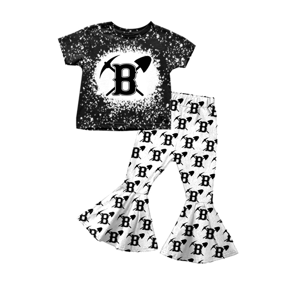 Deadline November 26 custom no moq eta 6-8weeks Baby Girls Black Farm Tools Letter B Short Sleeve Top White Flared Pants Set