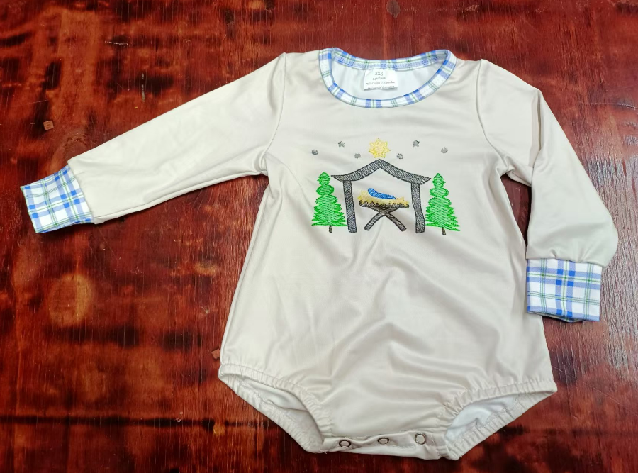 Custom moq 3 eta 6-7weeks Beige long-sleeved romper with embroidered Christmas tree