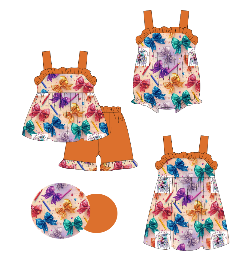 Custom summer baby girls clothes bow short sleeve shorts sets dress romper