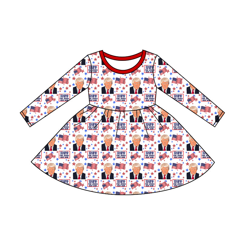 Deadline November 25 custom no moq eta 6-8weeks Baby Girls Flag-Trump Portrait-Five-Pointed Star Red and White Long Sleeve Dress