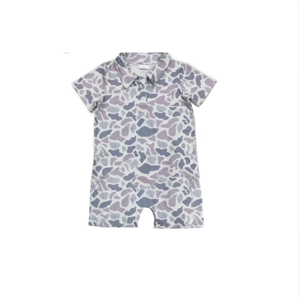 Deadline September 11 custom no moq eta 6-8weeks Grey and Blue Camouflage Button Short Sleeve Bodysuit