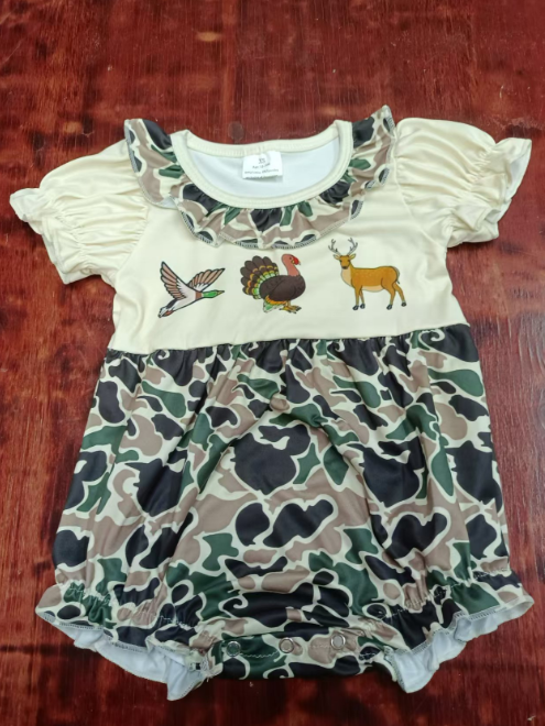 Custom moq 3 eta 6-7weeks Beige-camouflage patchwork bubble short-sleeved short-sleeved romper