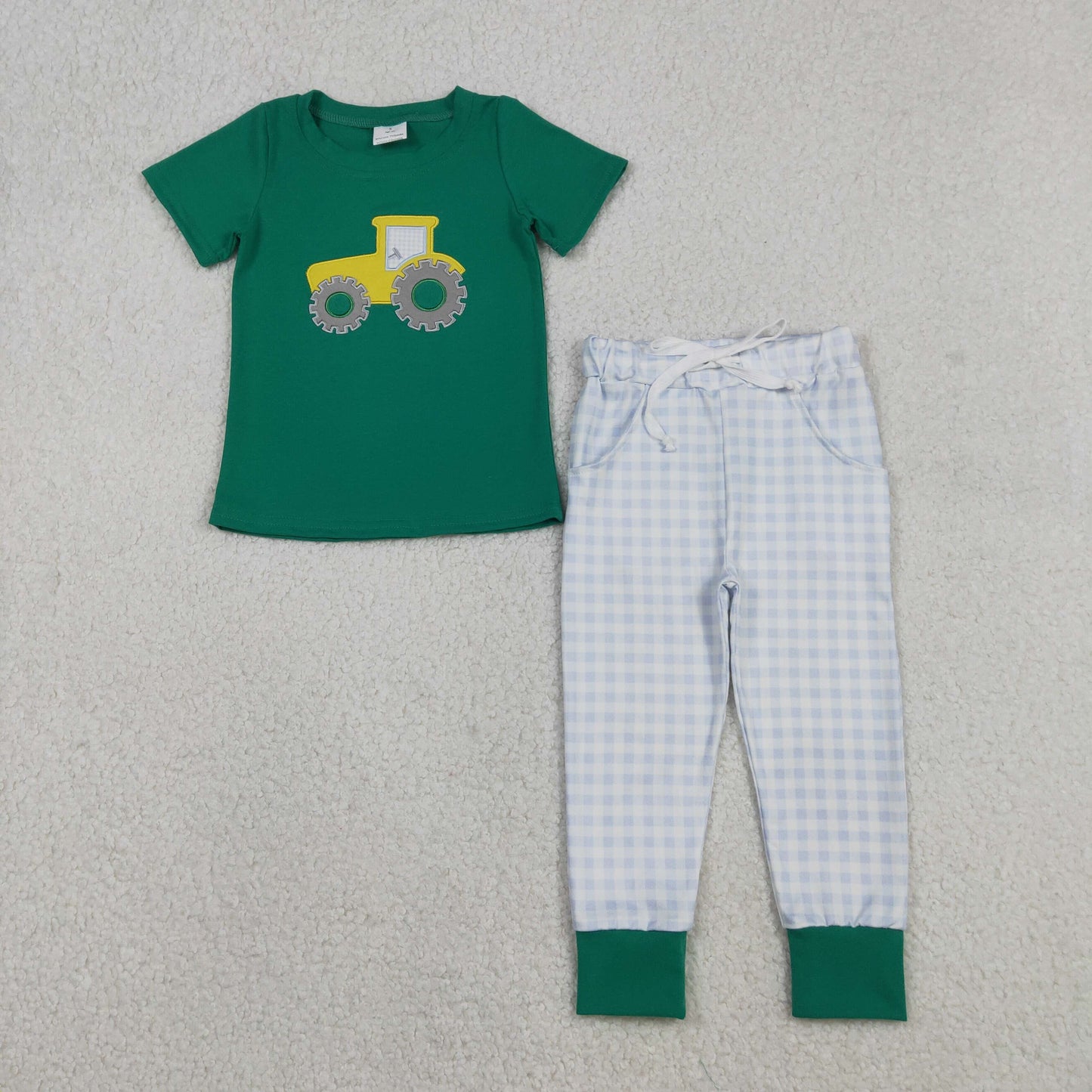 RTS NO MOQ(In Stock) Embroidered Tractor Green Short-Sleeve T-Shirt and Blue Plaid Pants Set