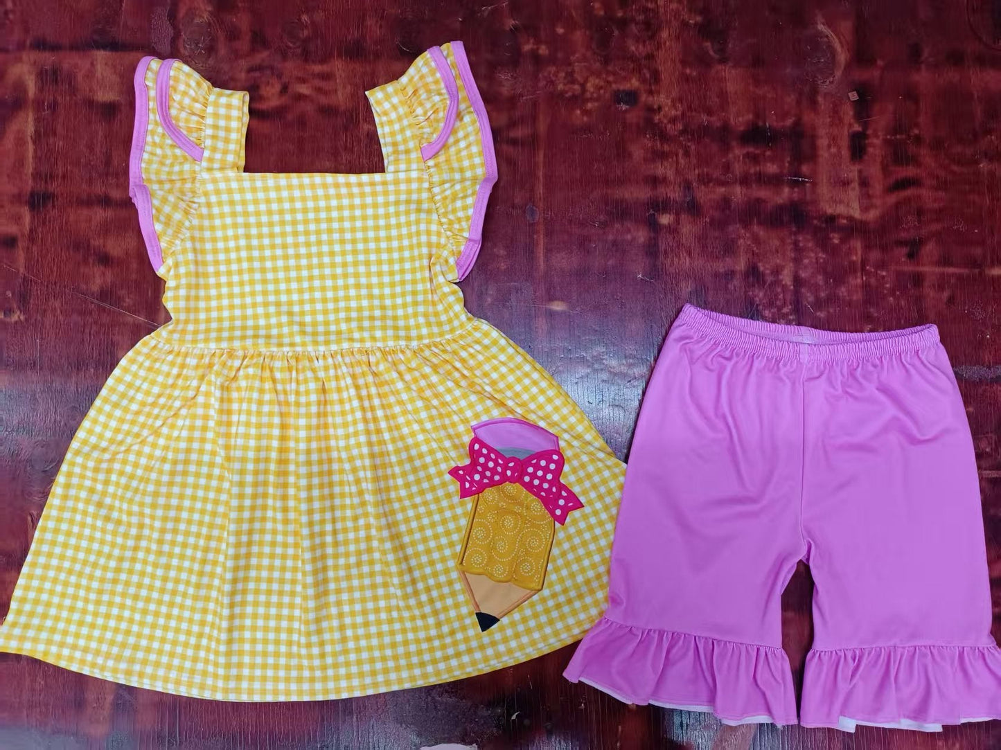 Custom moq 3 eta 6-7weeks baby girls clothes back to school pencil flying sleeve shorts sets-25.5.10