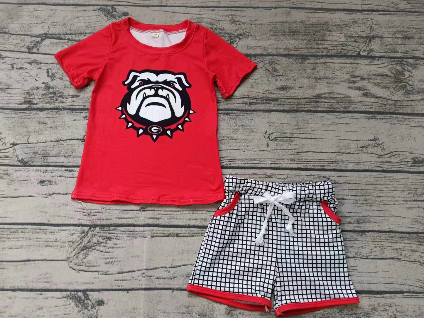 custom moq 5 eta 4-6weeks summer baby boys clothes red short sleeve gray grid shorts set