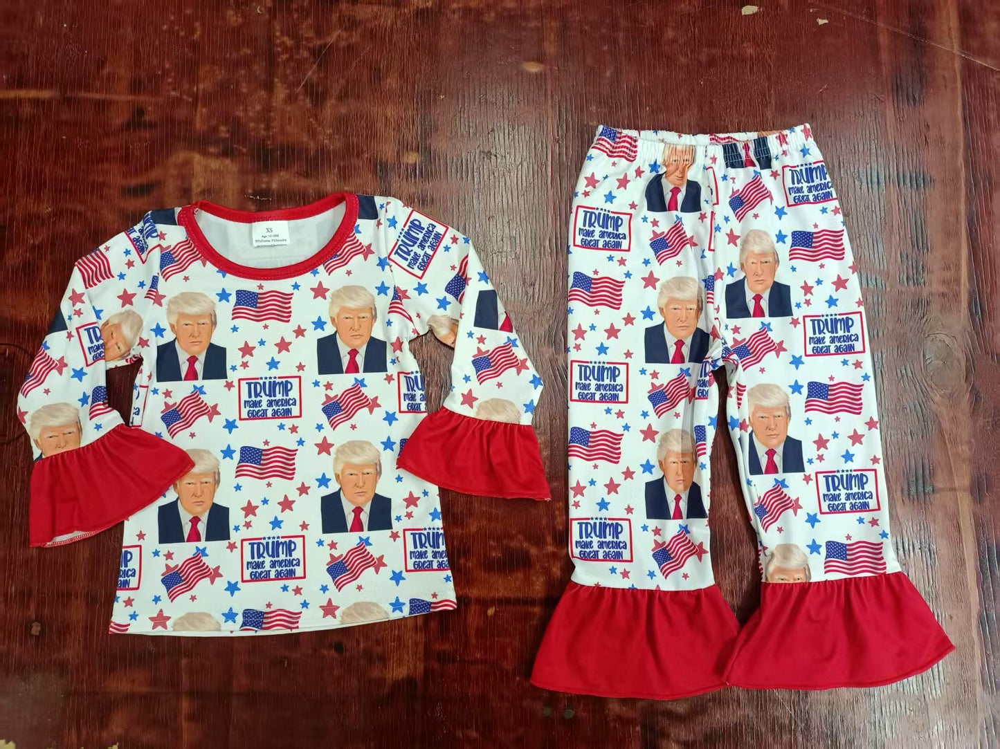 Custom moq 3 eta 6-7weeks baby girl clothes flag long-sleeved top and pants set